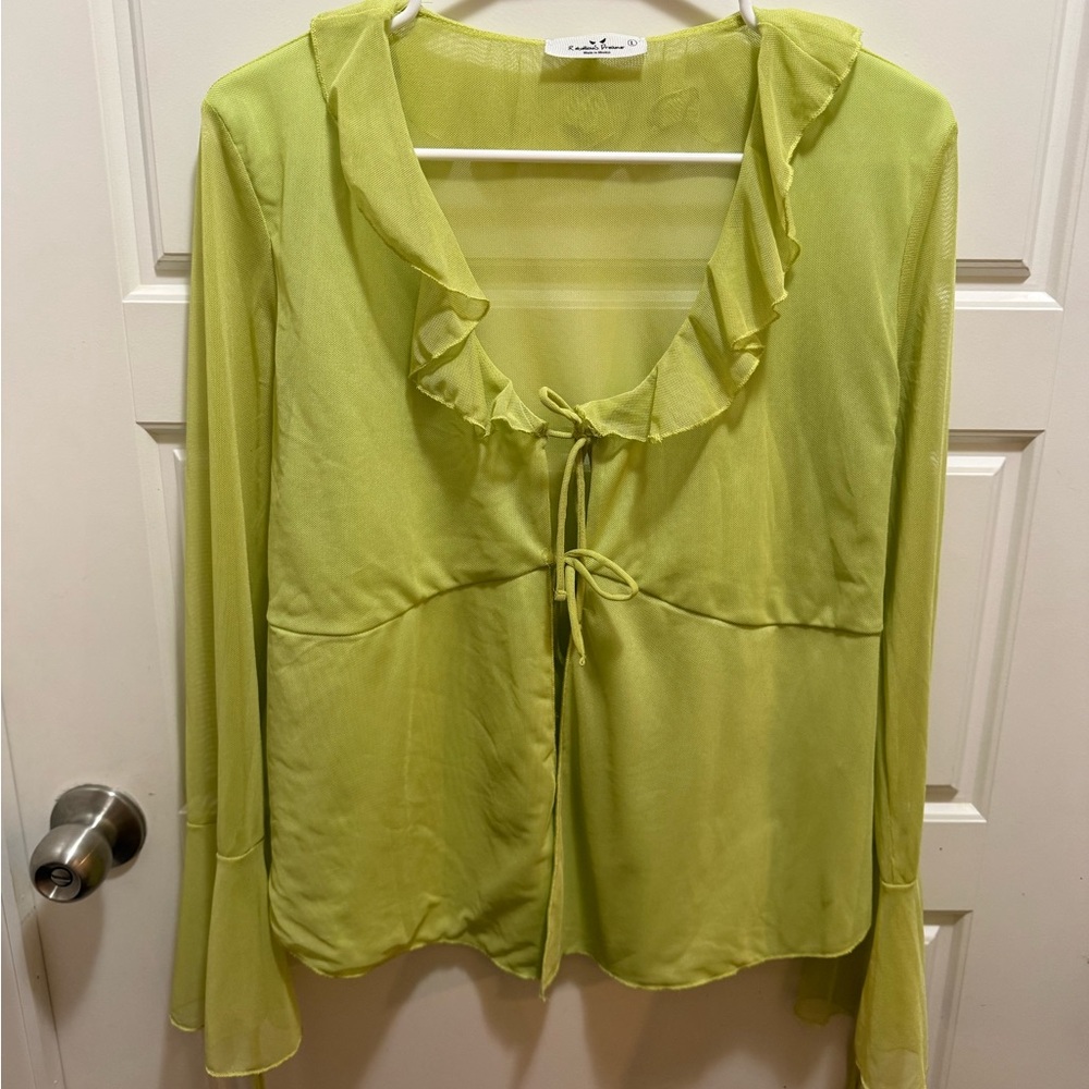 Light Green Ruffle Open-Front Women's Cardigan - Picture 4 of 4
